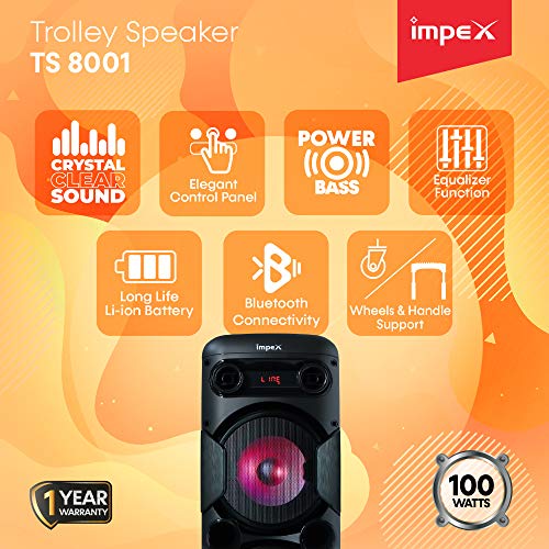 Impex TS-8001 80 Watts Multimedia Portable Trolley Speaker with USB/SD/TF/FM Radio/AUX/Remote/Bluetooth/Wireless Mic & DJ LED Light Function (Black) - Image 6
