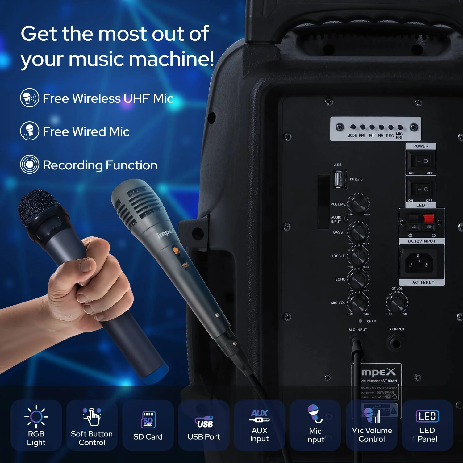 Impex ST-80AN 55 Watts Multimedia Portable Trolley Speaker with USB/SD/TF/FM Radio/AUX/Remote/Bluetooth/Wireless Mic & DJ LED Light Function (Black) - Image 3