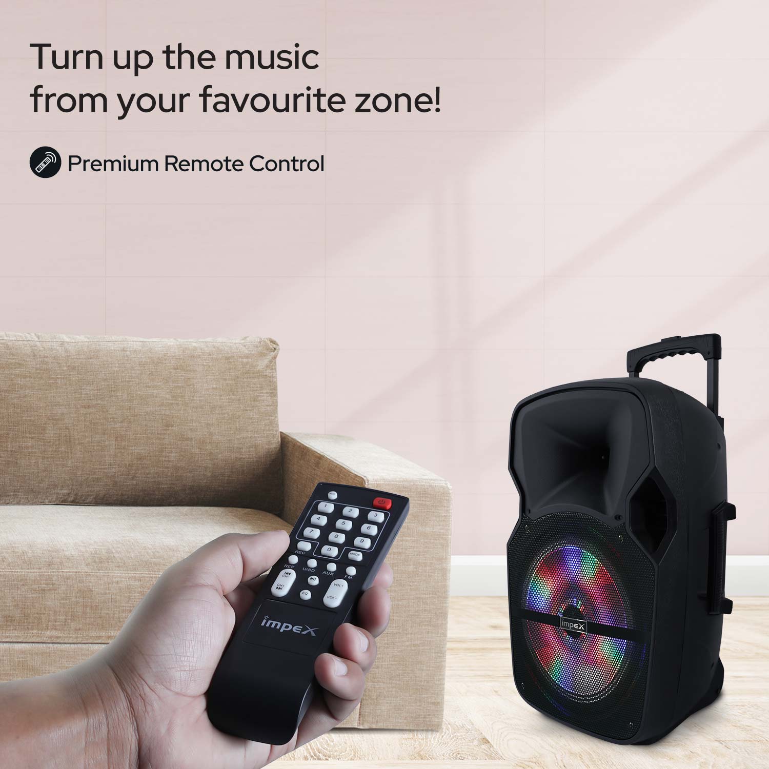 Impex ST-80AN 55 Watts Multimedia Portable Trolley Speaker with USB/SD/TF/FM Radio/AUX/Remote/Bluetooth/Wireless Mic & DJ LED Light Function (Black) - Image 4