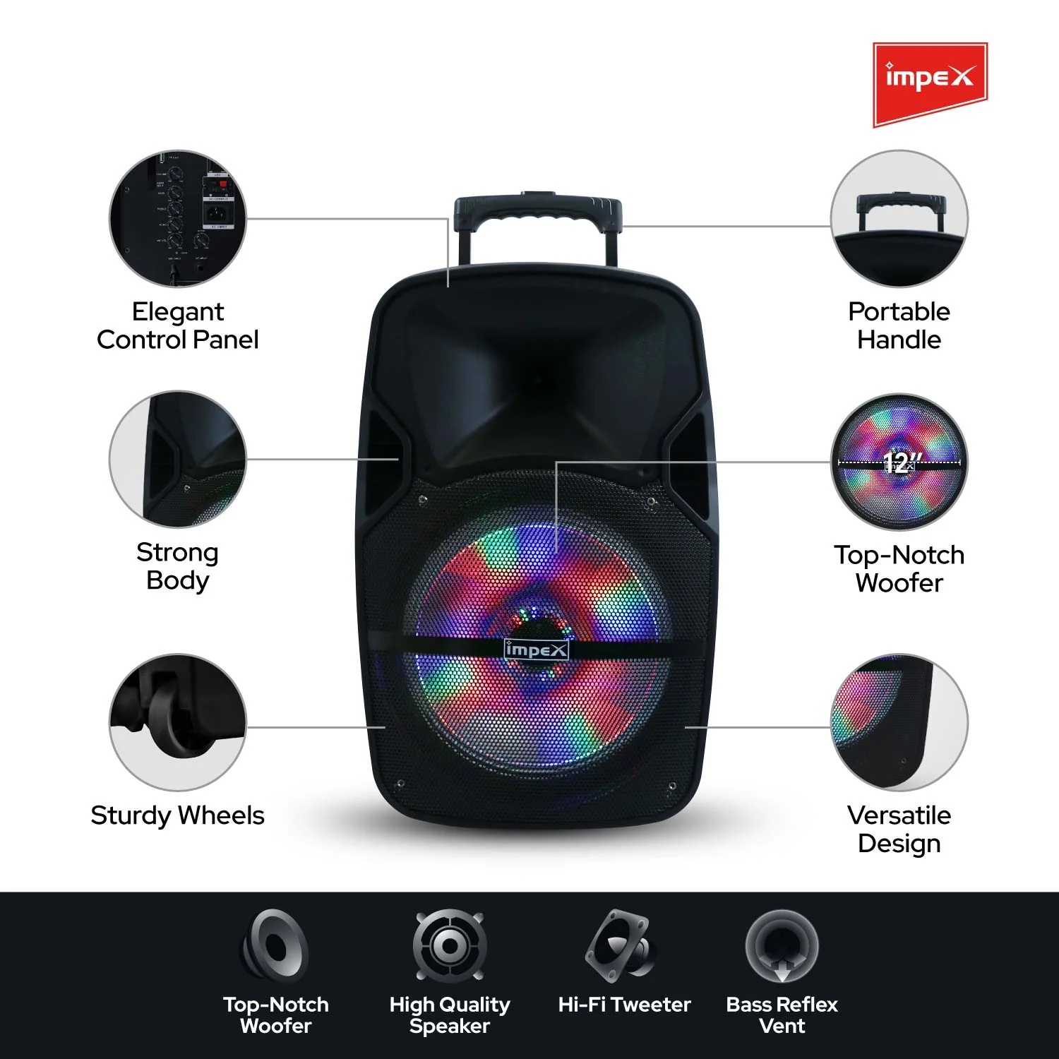 Impex ST-80AN 55 Watts Multimedia Portable Trolley Speaker with USB/SD/TF/FM Radio/AUX/Remote/Bluetooth/Wireless Mic & DJ LED Light Function (Black) - Image 5