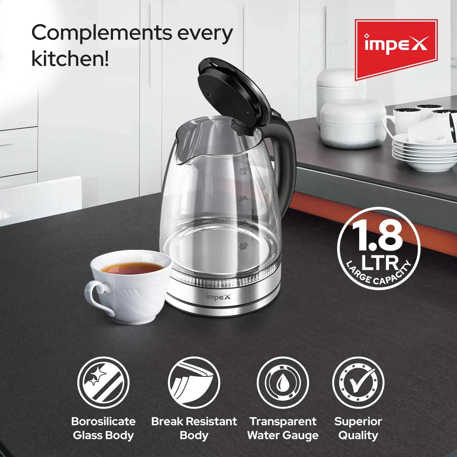 Impex STEAMER GK18 1.8 L Glass Body Electric Kettle with LED Illumination - Image 3
