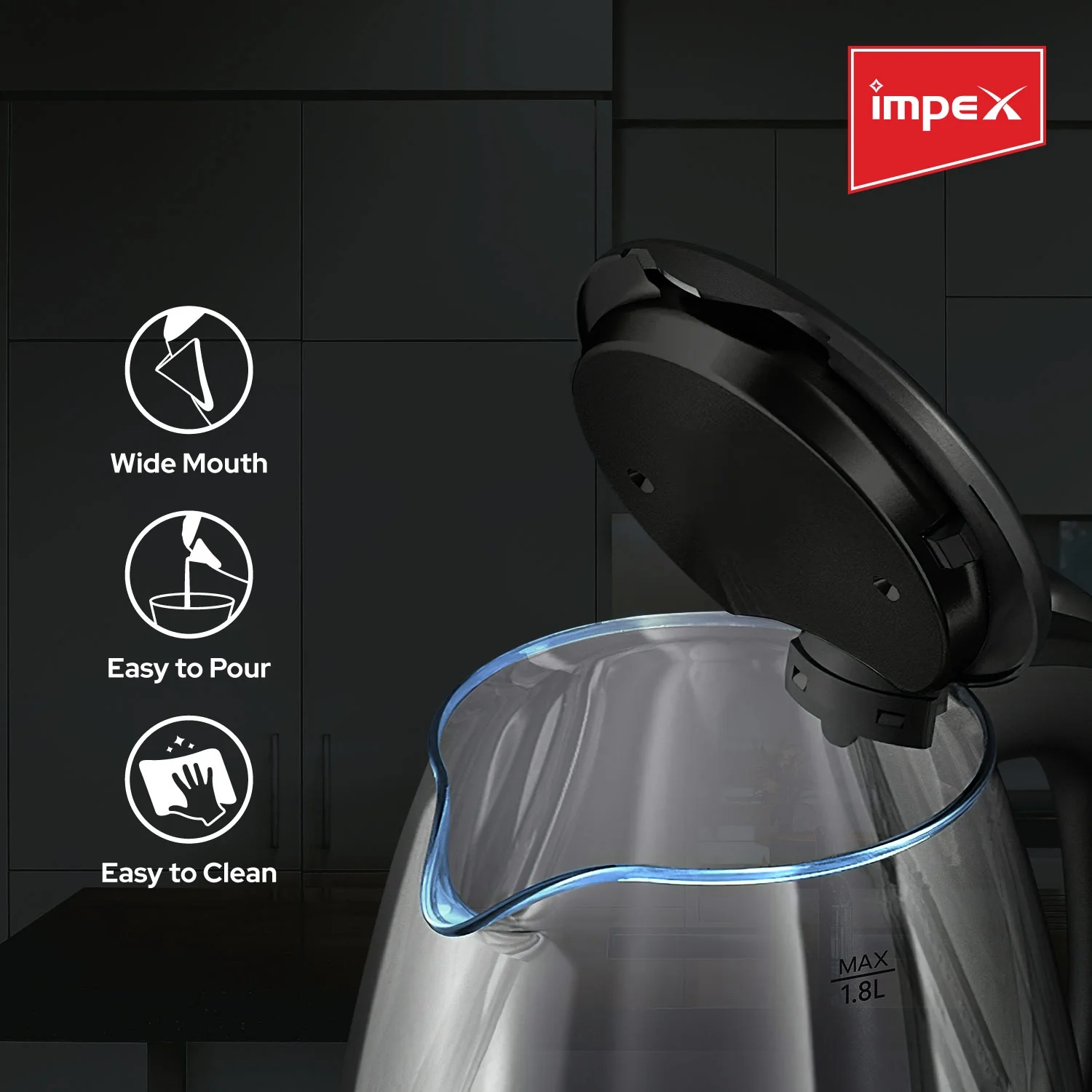 Impex STEAMER GK18 1.8 L Glass Body Electric Kettle with LED Illumination - Image 5