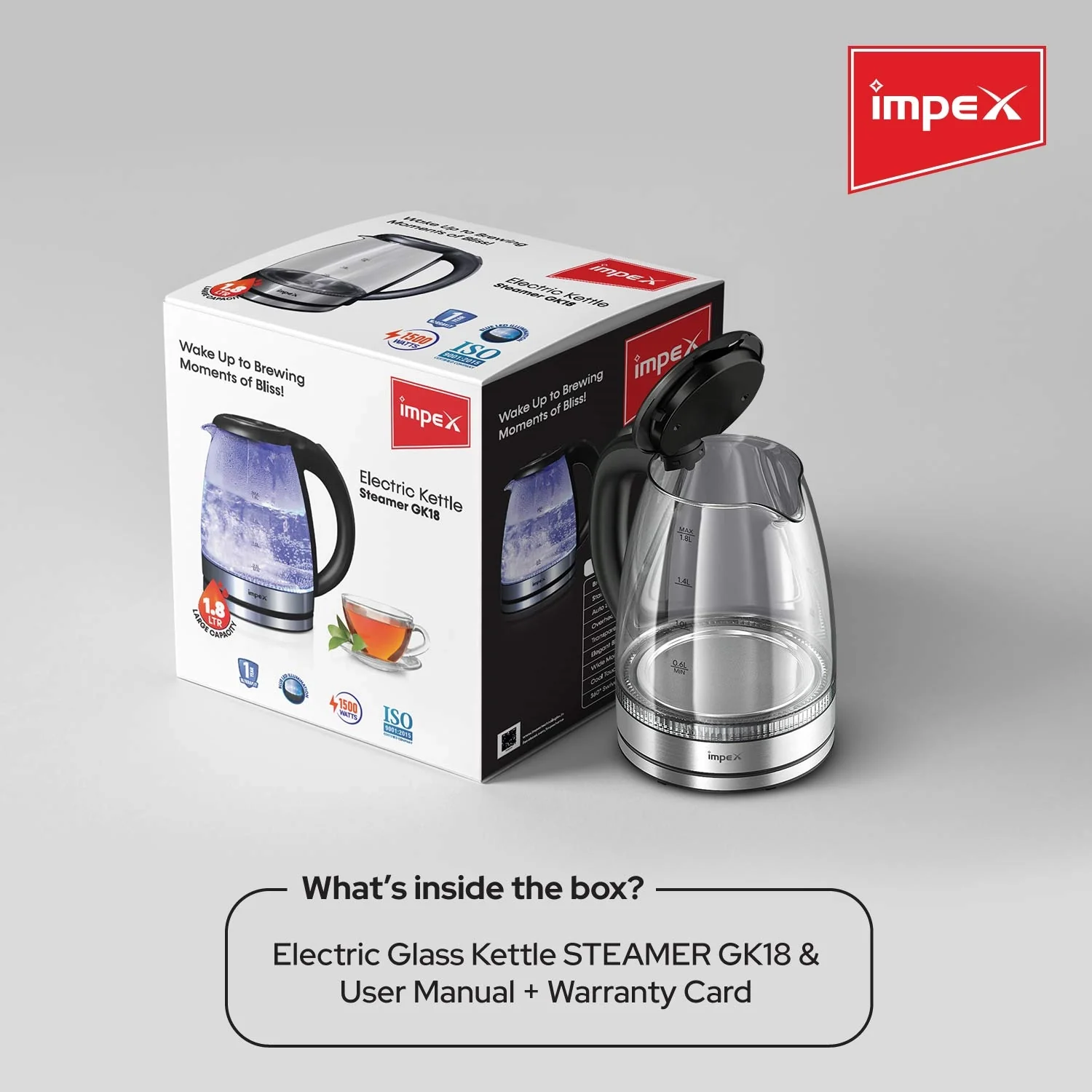 Impex STEAMER GK18 1.8 L Glass Body Electric Kettle with LED Illumination - Image 8