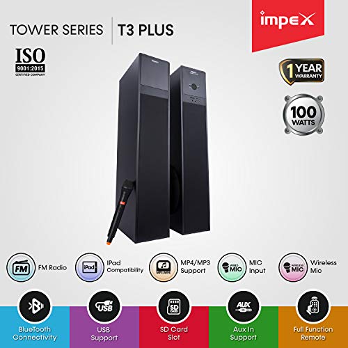 Impex Thunder-T3 Plus 160 Watts 2.0 Channel Multimedia Tower Speaker with USB/SD/TF/FM Radio/AUX/Bluetooth/Wireless Mic & Remote Function (Black) - Image 9