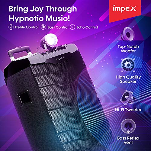 Impex TS-1101 100 Watts Multimedia Portable Trolley Speaker with USB/SD/TF/FM Radio/AUX/Remote/Bluetooth/Wireless Mic & DJ LED Light Function (Black) - Image 7